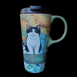 Cypress Home Ceramic Cat Travel Mug 17oz. Sunflowers Black White Kittens